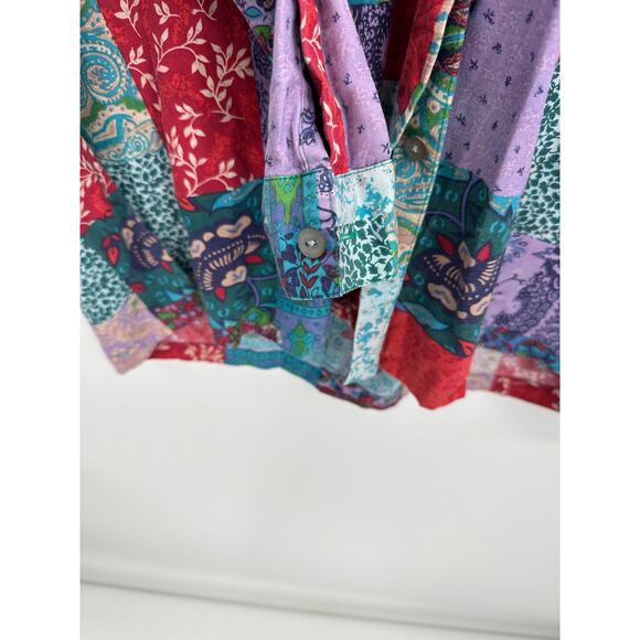 Coldwater Creek Button Down Shirt Silk Cotton Women 1X Floral Patchwork Artsy - Picture 5 of 7